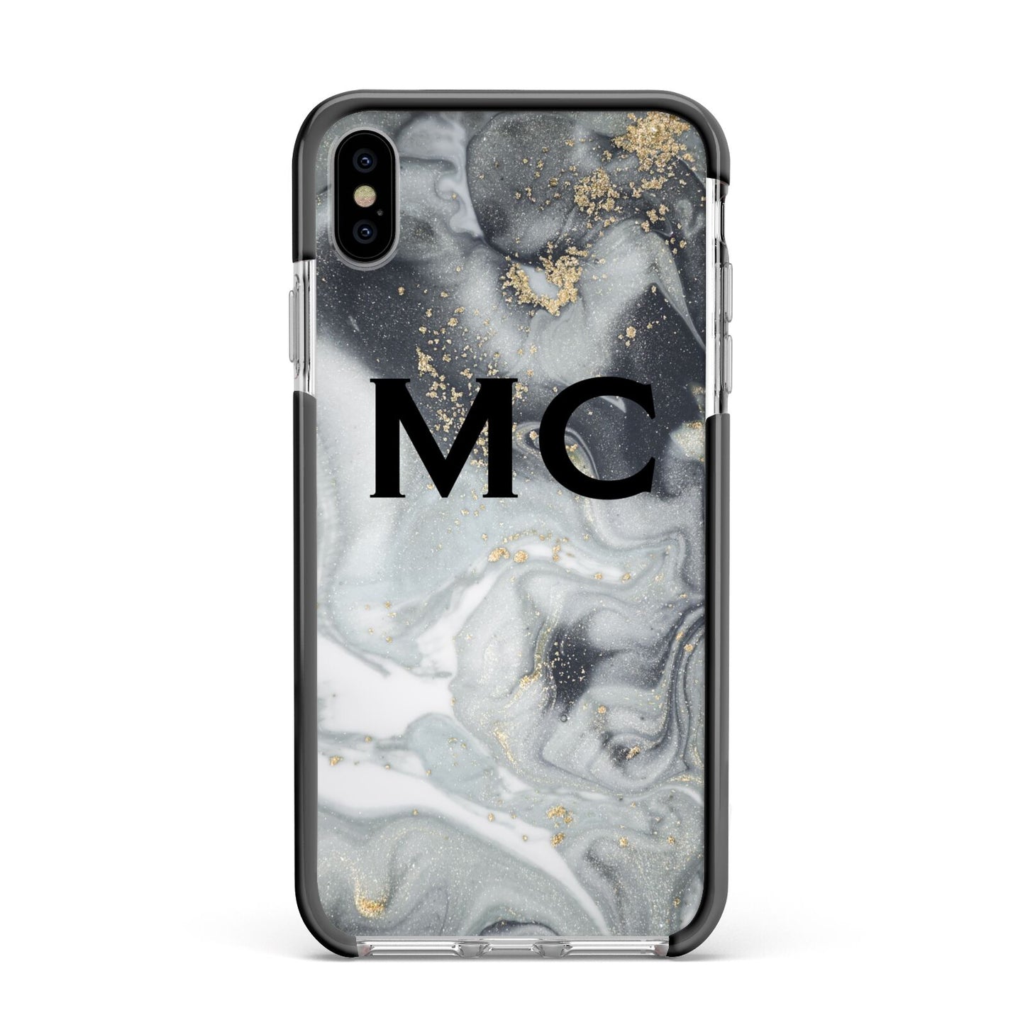 Monogram Black White Swirl Marble Apple iPhone Xs Max Impact Case Black Edge on Silver Phone
