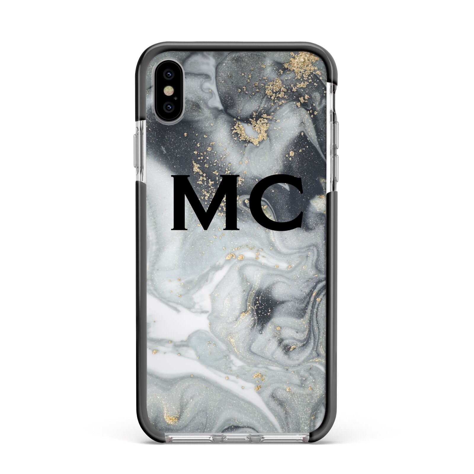 Monogram Black White Swirl Marble Apple iPhone Xs Max Impact Case Black Edge on Silver Phone