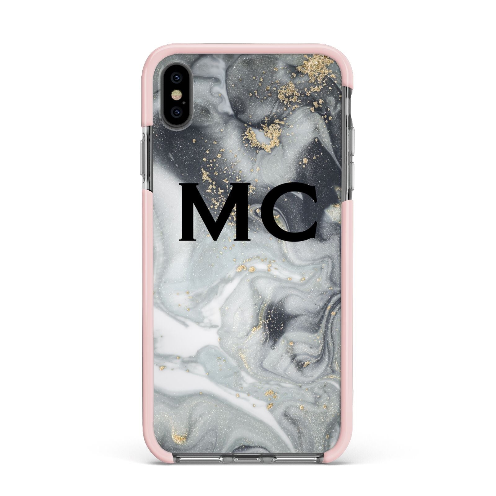Monogram Black White Swirl Marble Apple iPhone Xs Max Impact Case Pink Edge on Black Phone