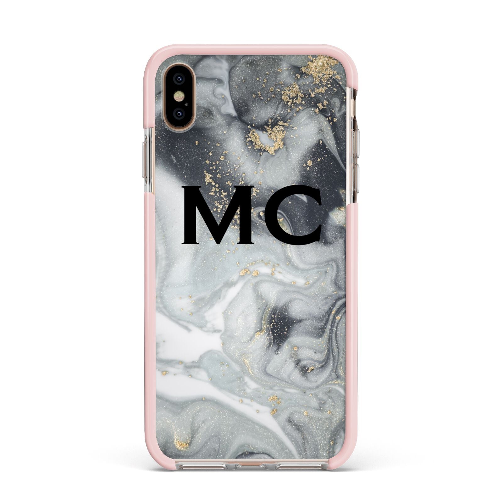 Monogram Black White Swirl Marble Apple iPhone Xs Max Impact Case Pink Edge on Gold Phone