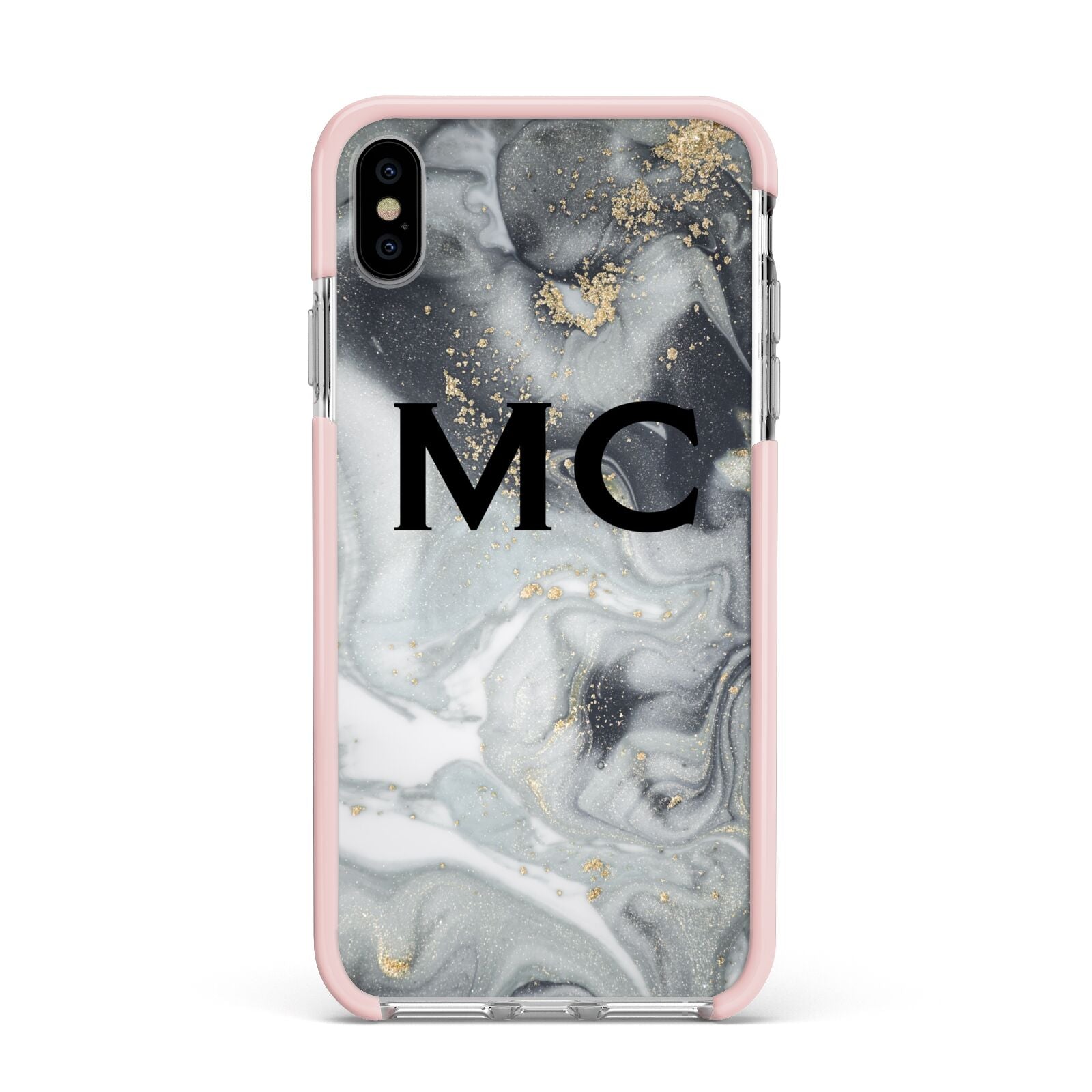Monogram Black White Swirl Marble Apple iPhone Xs Max Impact Case Pink Edge on Silver Phone