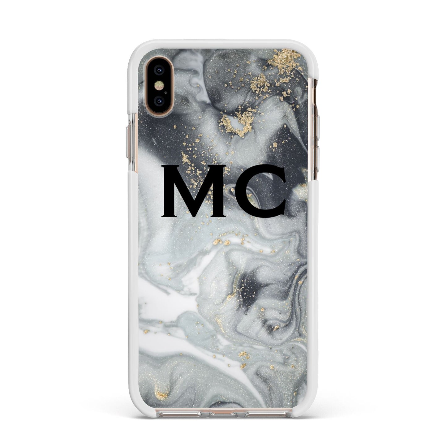 Monogram Black White Swirl Marble Apple iPhone Xs Max Impact Case White Edge on Gold Phone