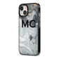 Monogram Black White Swirl Marble iPhone 13 Black Impact Case Side Angle on Silver phone