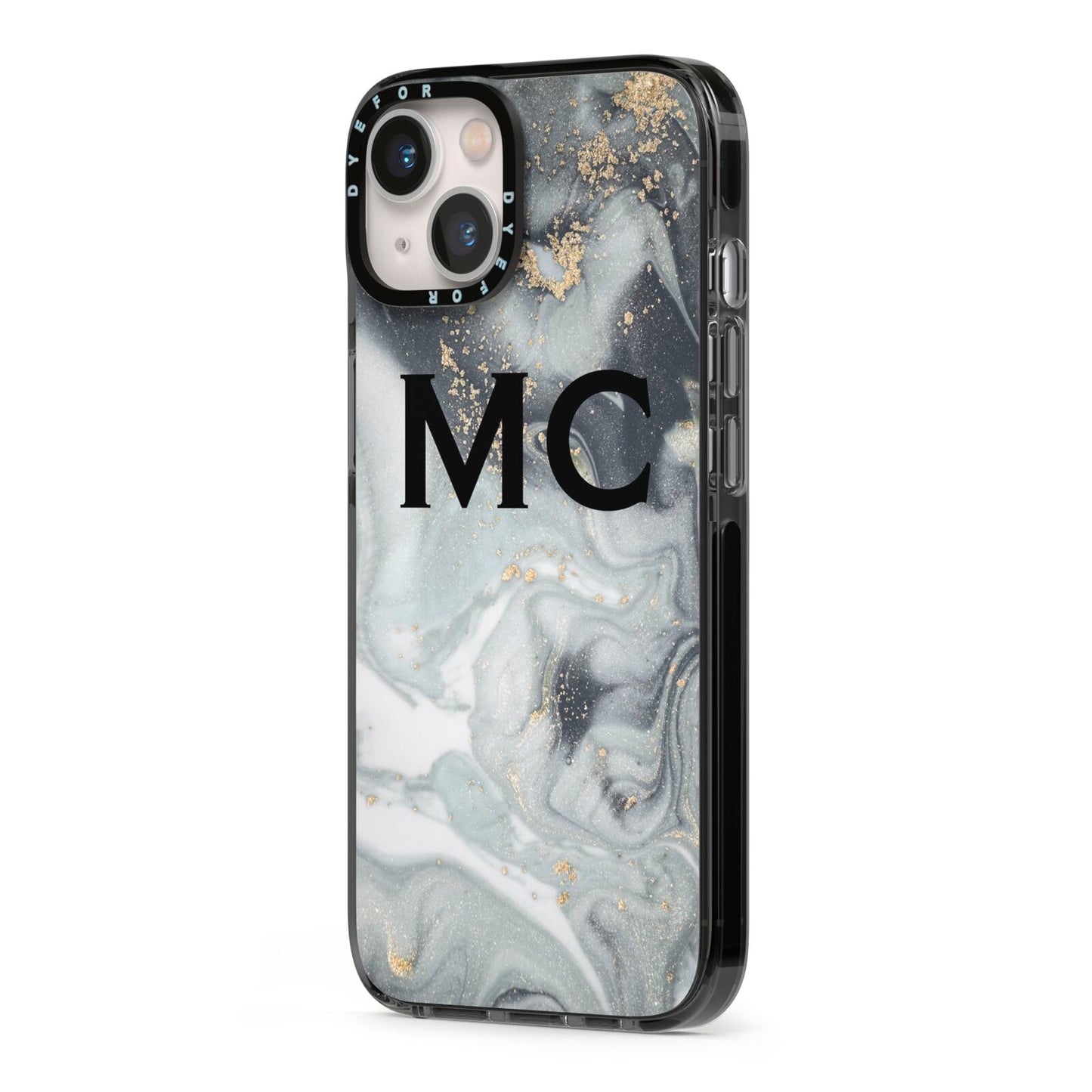 Monogram Black White Swirl Marble iPhone 13 Black Impact Case Side Angle on Silver phone