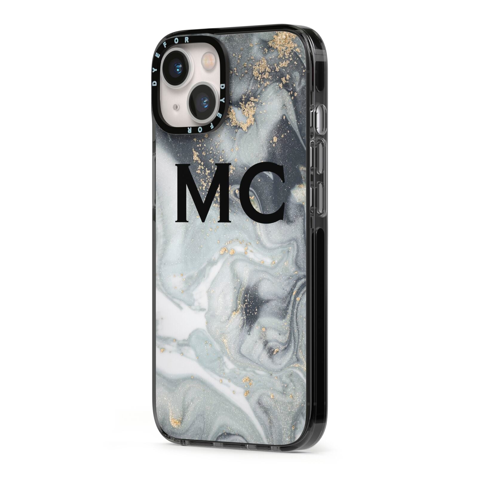 Monogram Black White Swirl Marble iPhone 13 Black Impact Case Side Angle on Silver phone
