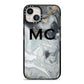Monogram Black White Swirl Marble iPhone 13 Black Impact Case on Silver phone