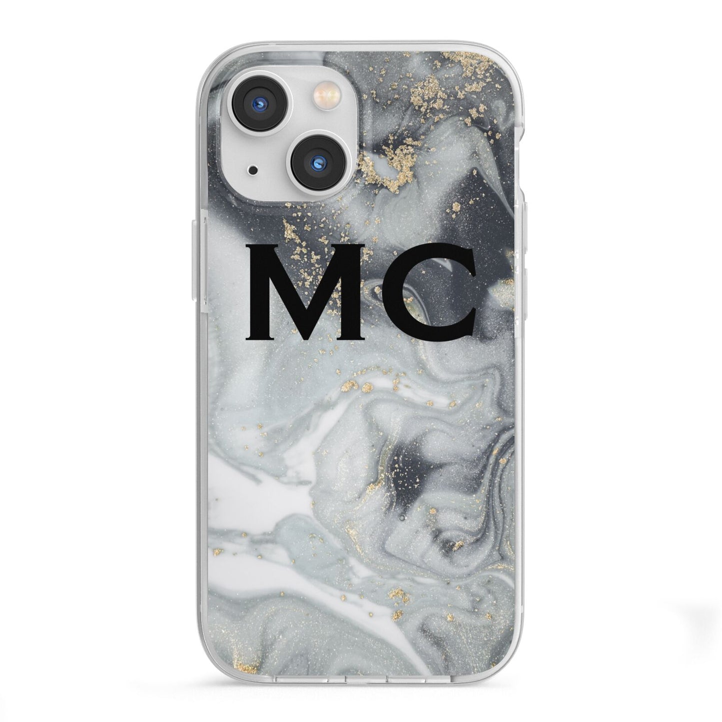 Monogram Black White Swirl Marble iPhone 13 Mini TPU Impact Case with White Edges