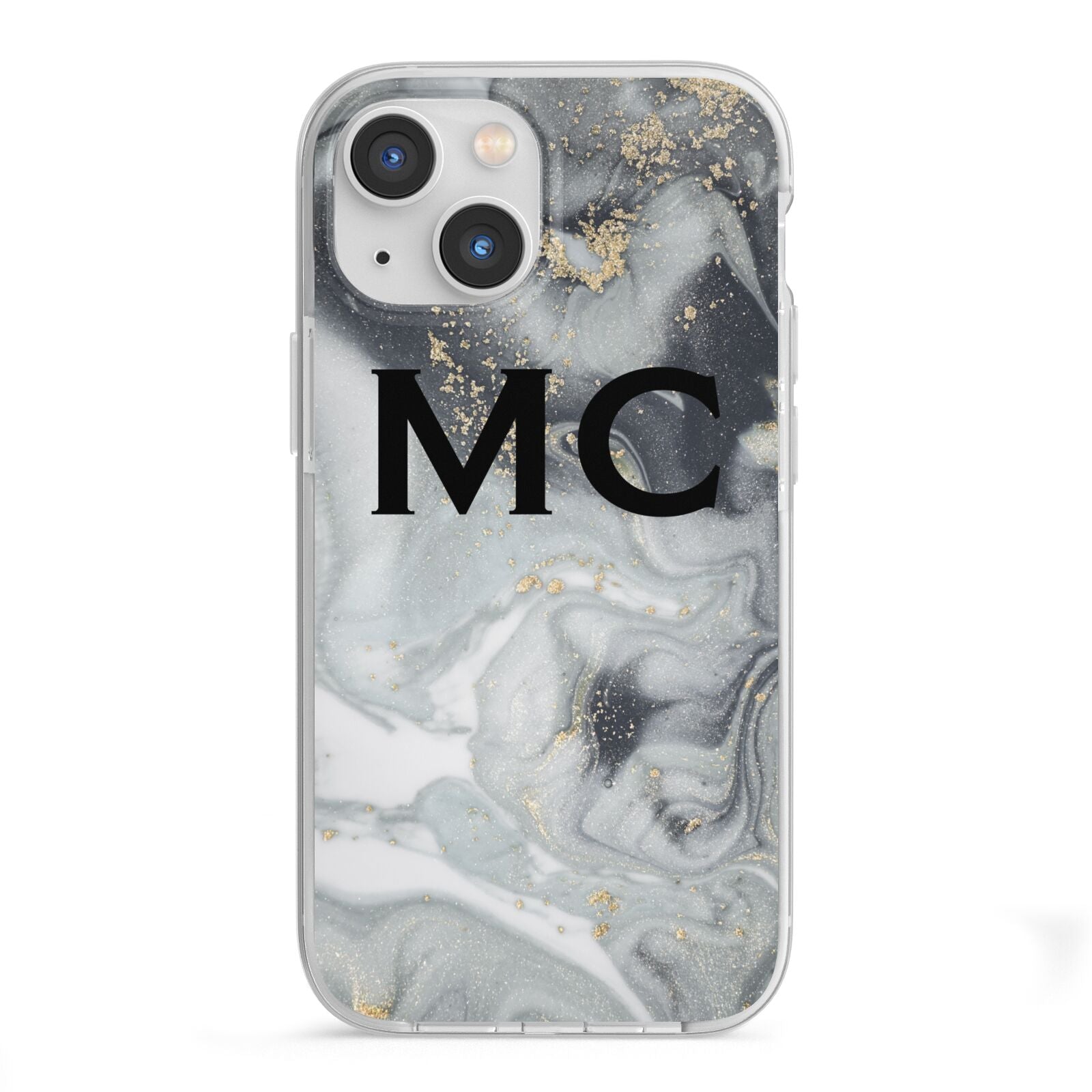 Monogram Black White Swirl Marble iPhone 13 Mini TPU Impact Case with White Edges