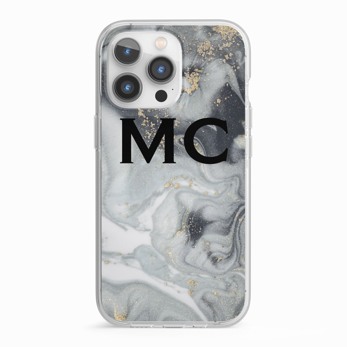 Monogram Black White Swirl Marble iPhone 13 Pro TPU Impact Case with White Edges