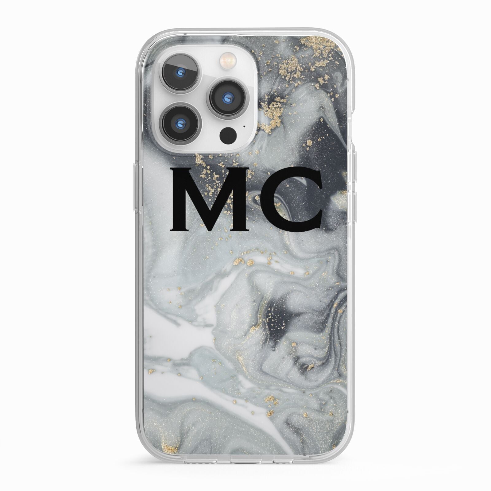Monogram Black White Swirl Marble iPhone 13 Pro TPU Impact Case with White Edges