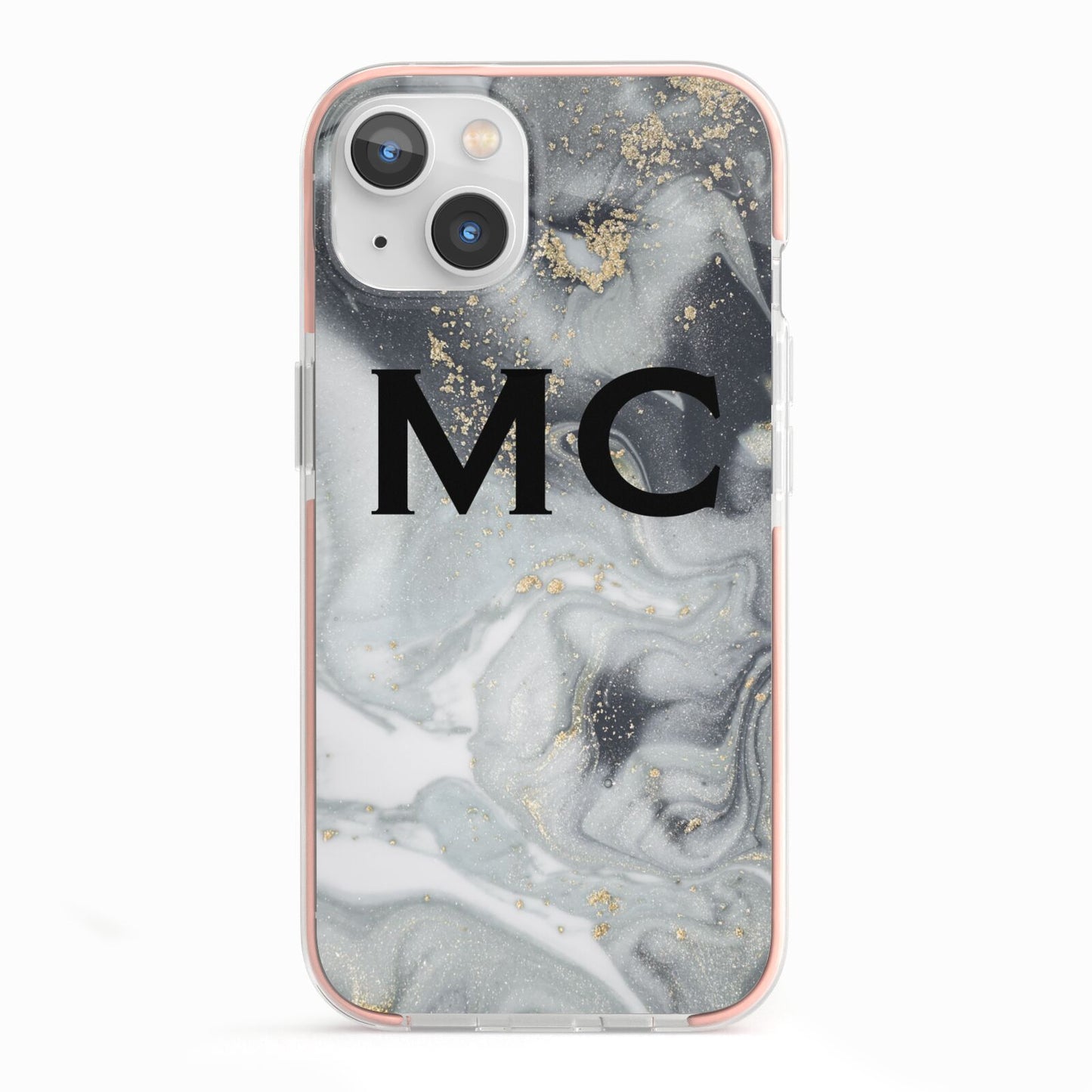 Monogram Black White Swirl Marble iPhone 13 TPU Impact Case with Pink Edges