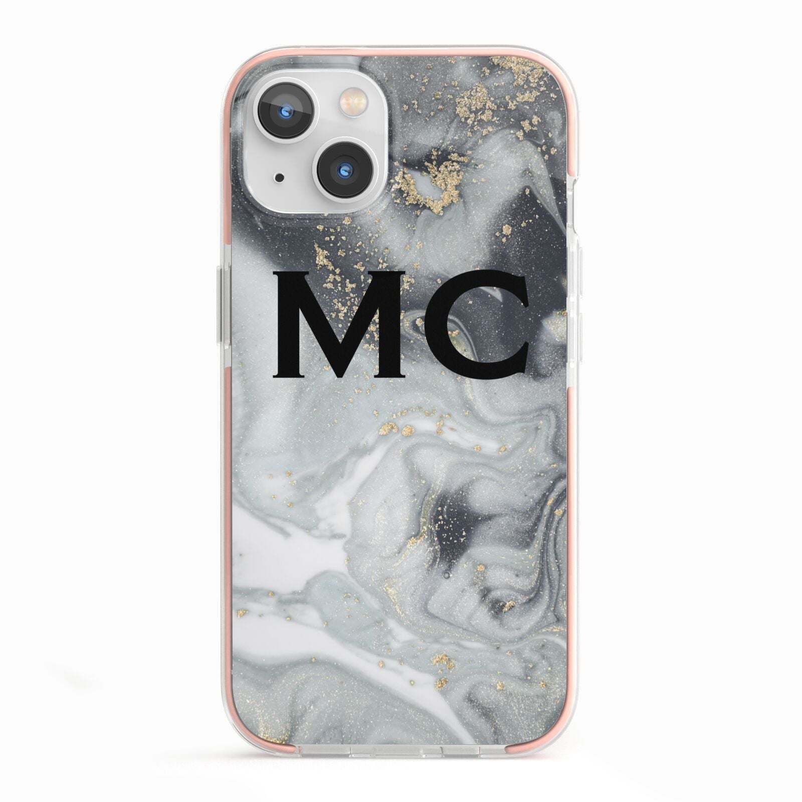 Monogram Black White Swirl Marble iPhone 13 TPU Impact Case with Pink Edges