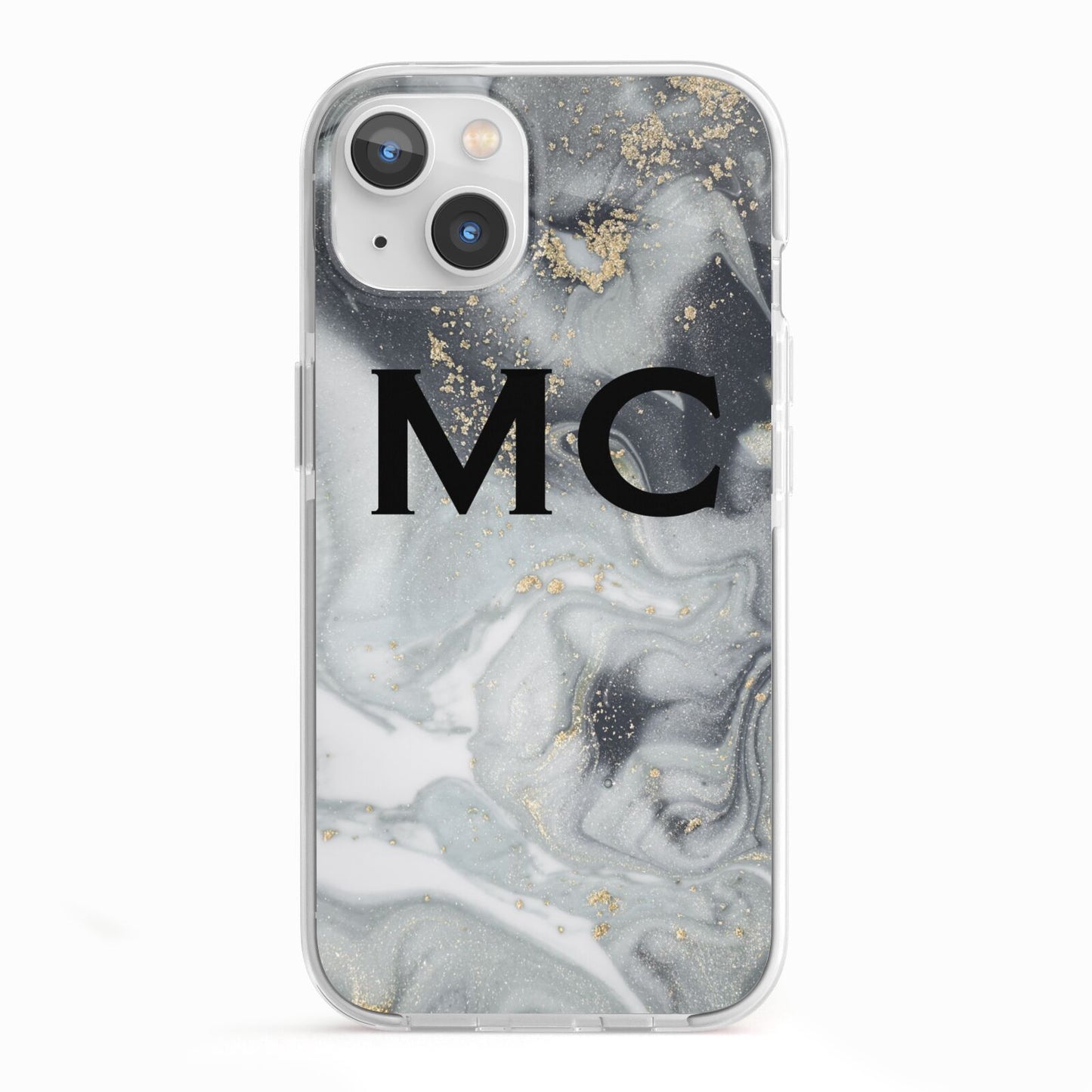 Monogram Black White Swirl Marble iPhone 13 TPU Impact Case with White Edges