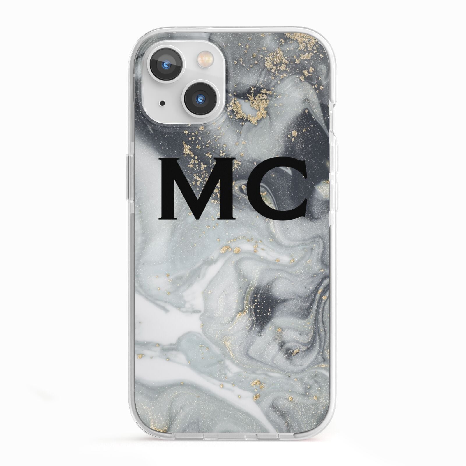 Monogram Black White Swirl Marble iPhone 13 TPU Impact Case with White Edges