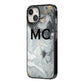 Monogram Black White Swirl Marble iPhone 14 Black Impact Case Side Angle on Silver phone