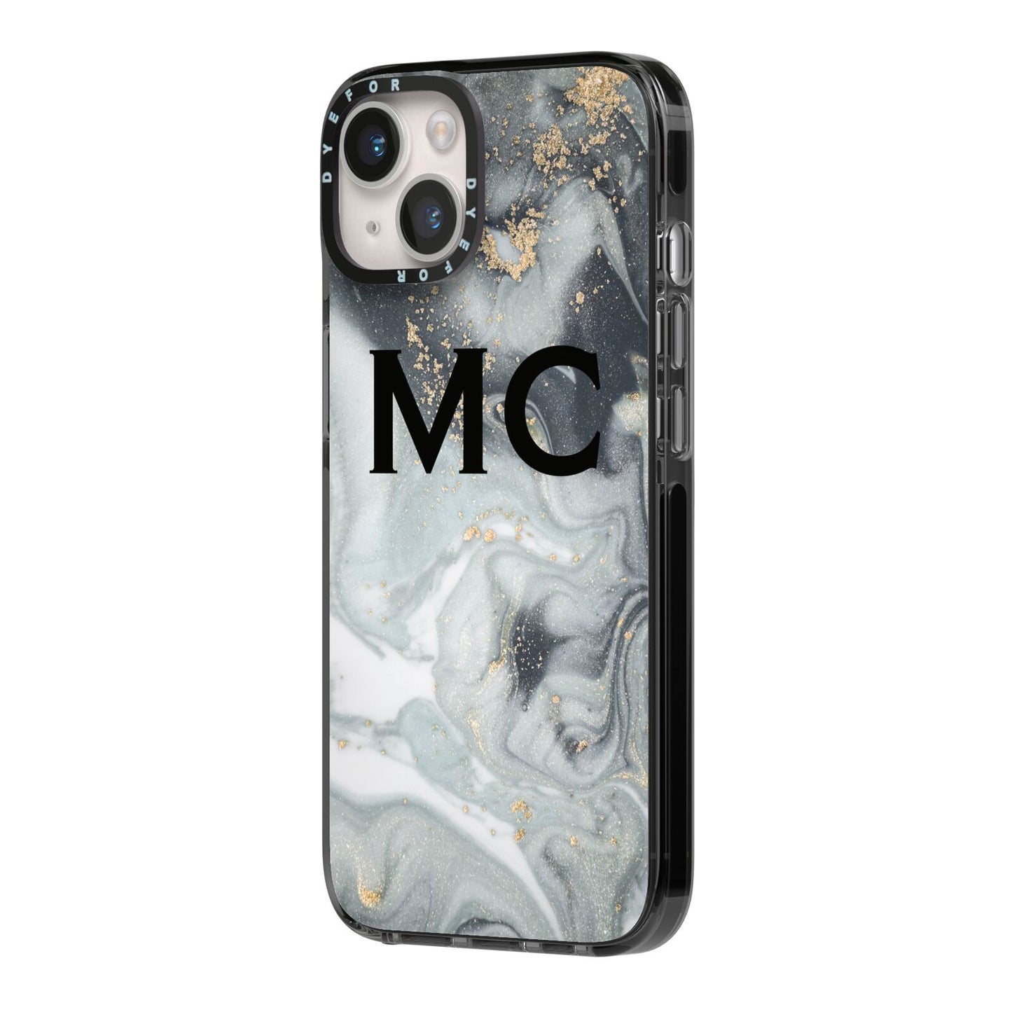 Monogram Black White Swirl Marble iPhone 14 Black Impact Case Side Angle on Silver phone