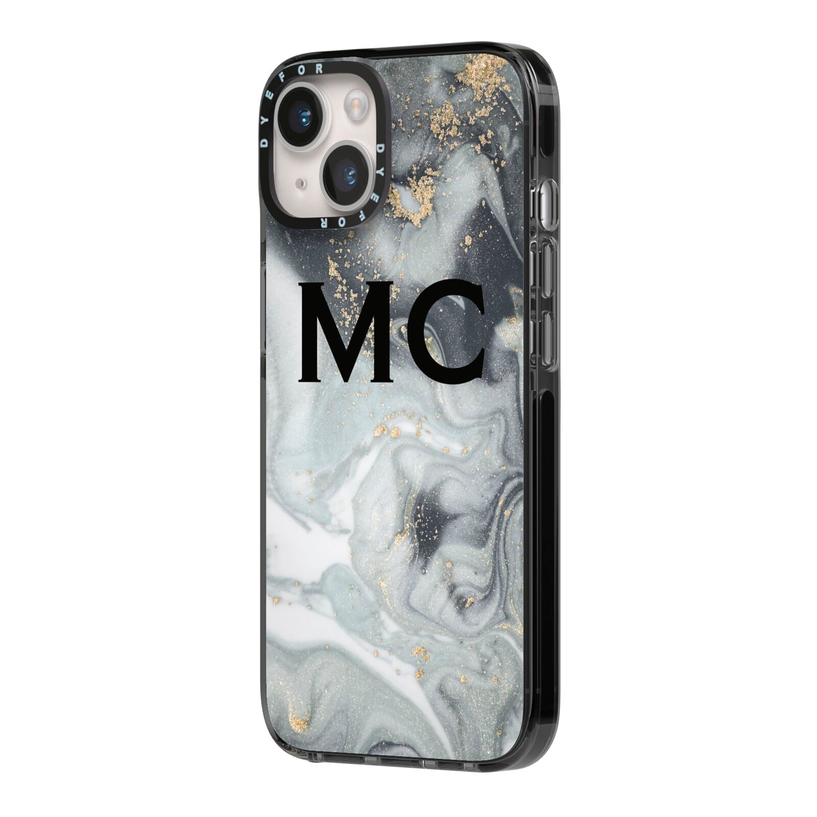 Monogram Black White Swirl Marble iPhone 14 Black Impact Case Side Angle on Silver phone