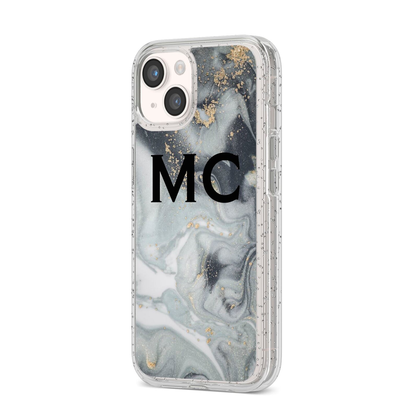 Monogram Black White Swirl Marble iPhone 14 Glitter Tough Case Starlight Angled Image