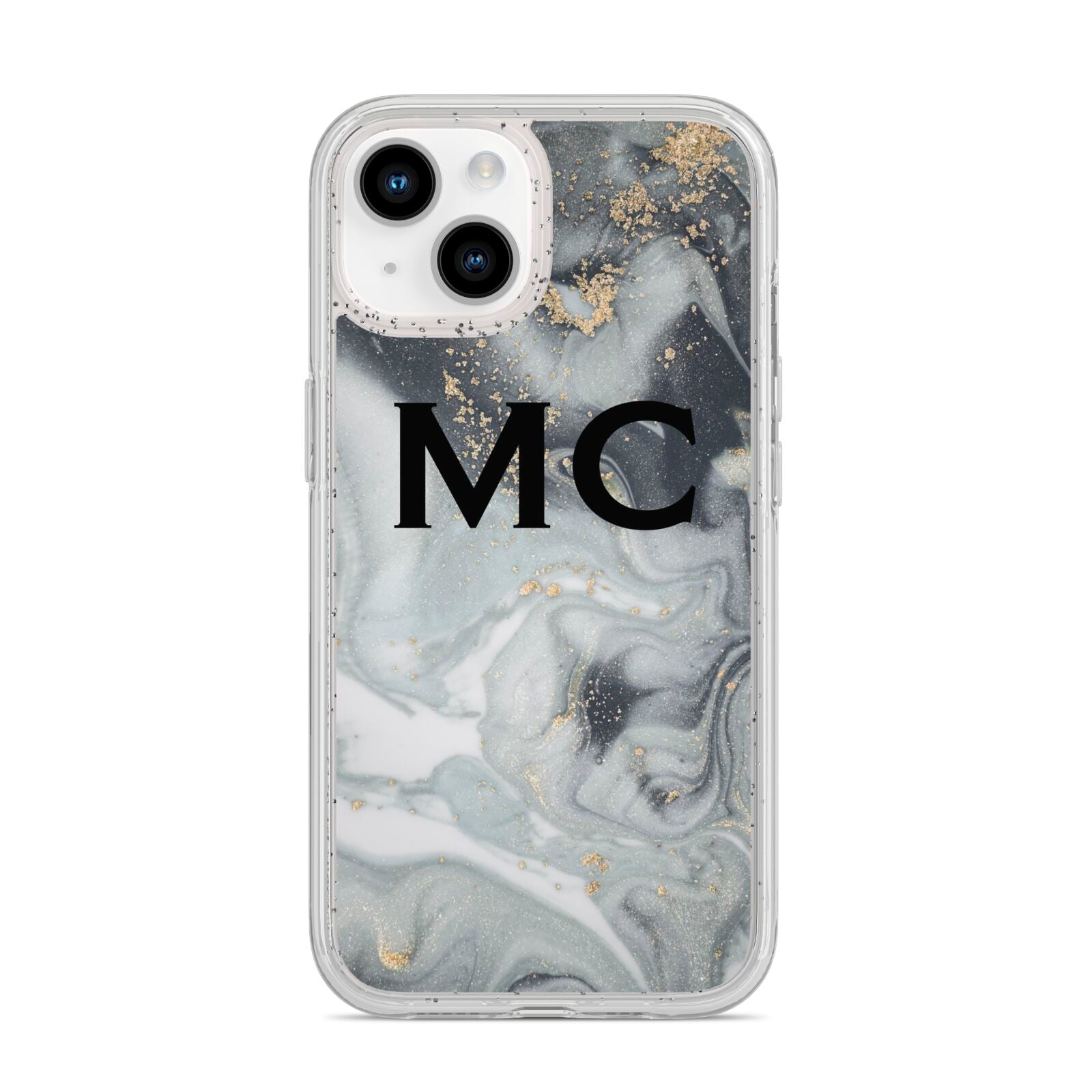 Monogram Black White Swirl Marble iPhone 14 Glitter Tough Case Starlight