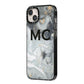 Monogram Black White Swirl Marble iPhone 14 Plus Black Impact Case Side Angle on Silver phone