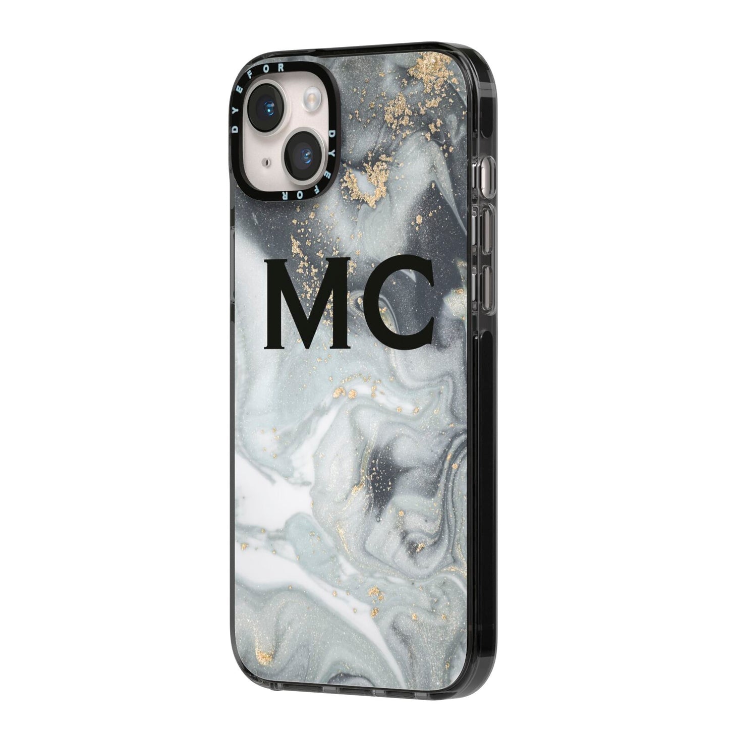 Monogram Black White Swirl Marble iPhone 14 Plus Black Impact Case Side Angle on Silver phone