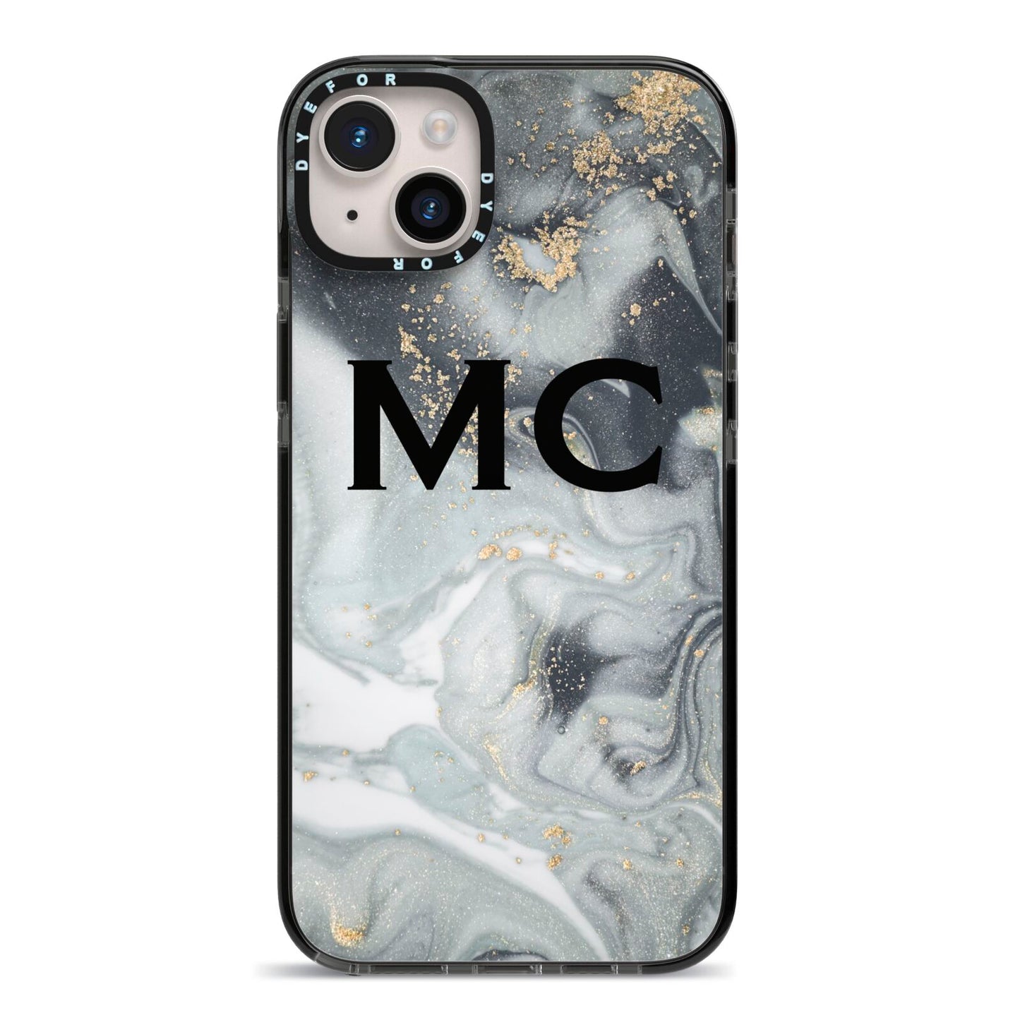 Monogram Black White Swirl Marble iPhone 14 Plus Black Impact Case on Silver phone