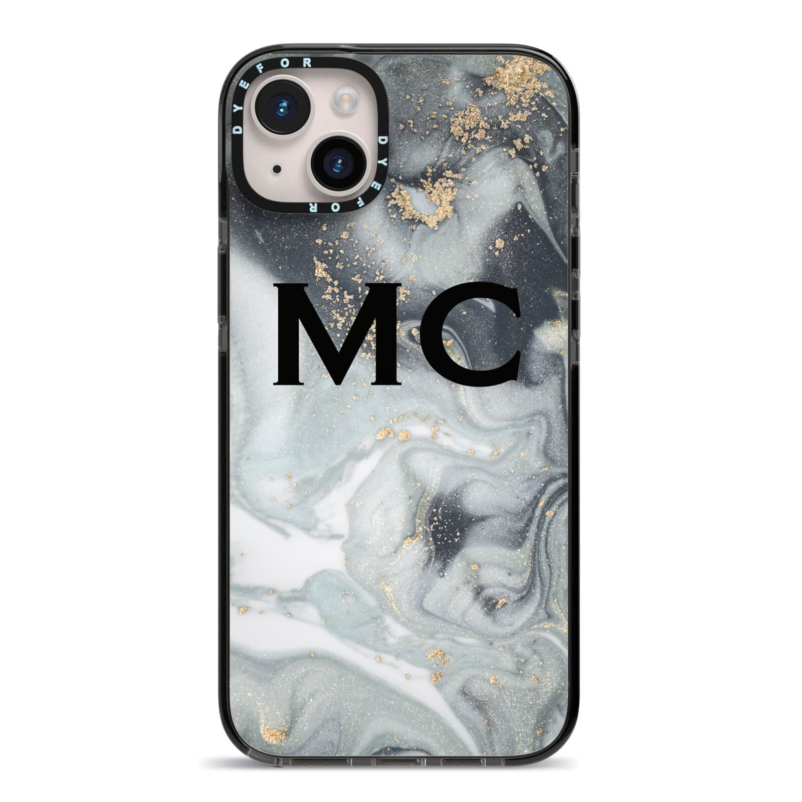 Monogram Black White Swirl Marble iPhone 14 Plus Black Impact Case on Silver phone