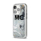 Monogram Black White Swirl Marble iPhone 14 Pro Clear Tough Case Silver Angled Image