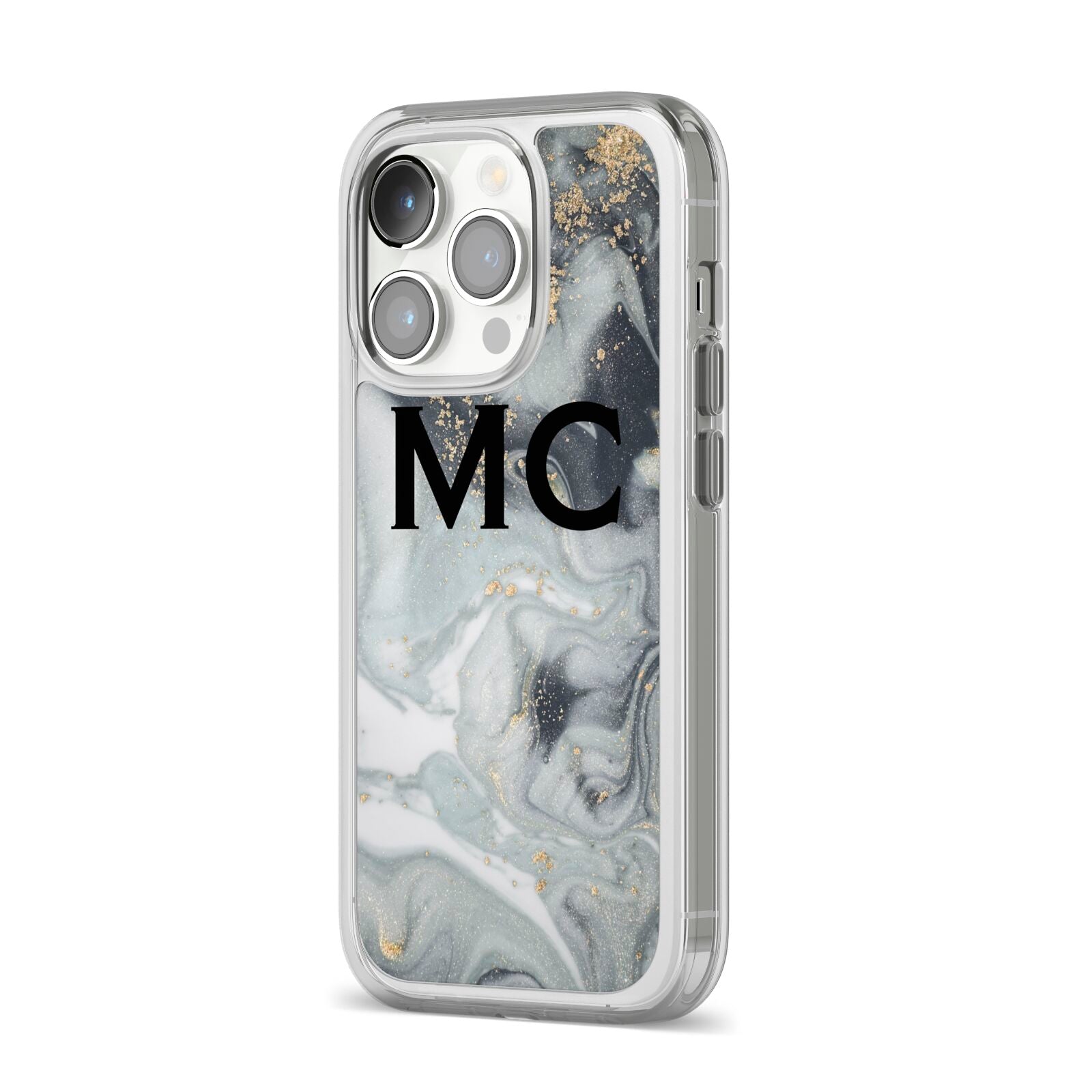 Monogram Black White Swirl Marble iPhone 14 Pro Clear Tough Case Silver Angled Image