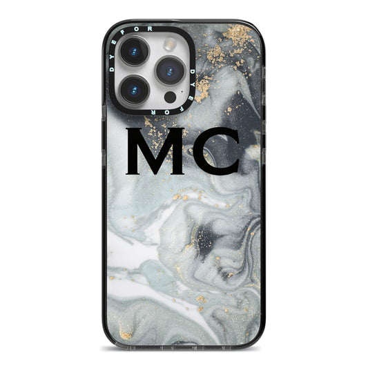 Monogram Black White Swirl Marble iPhone 14 Pro Max Black Impact Case on Silver phone
