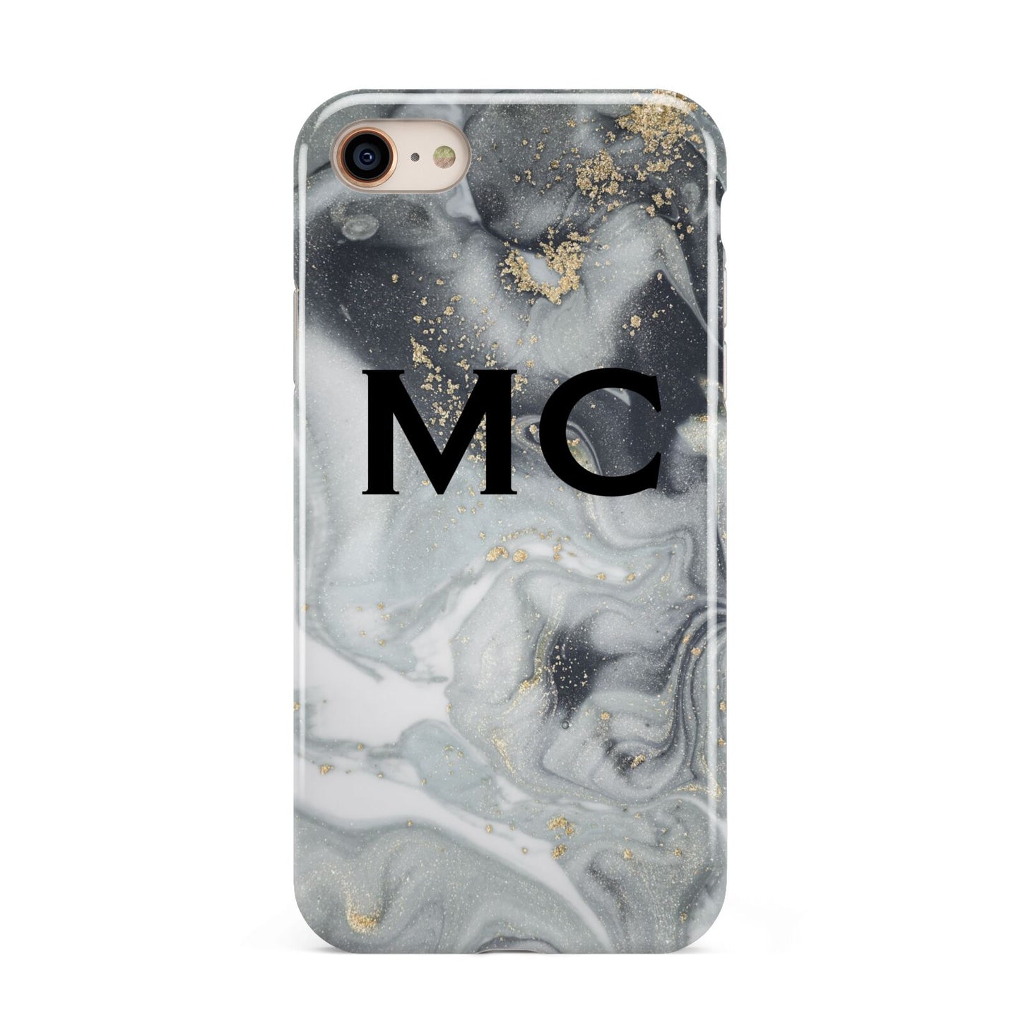 Monogram Black White Swirl Marble iPhone 8 3D Tough Case on Gold Phone