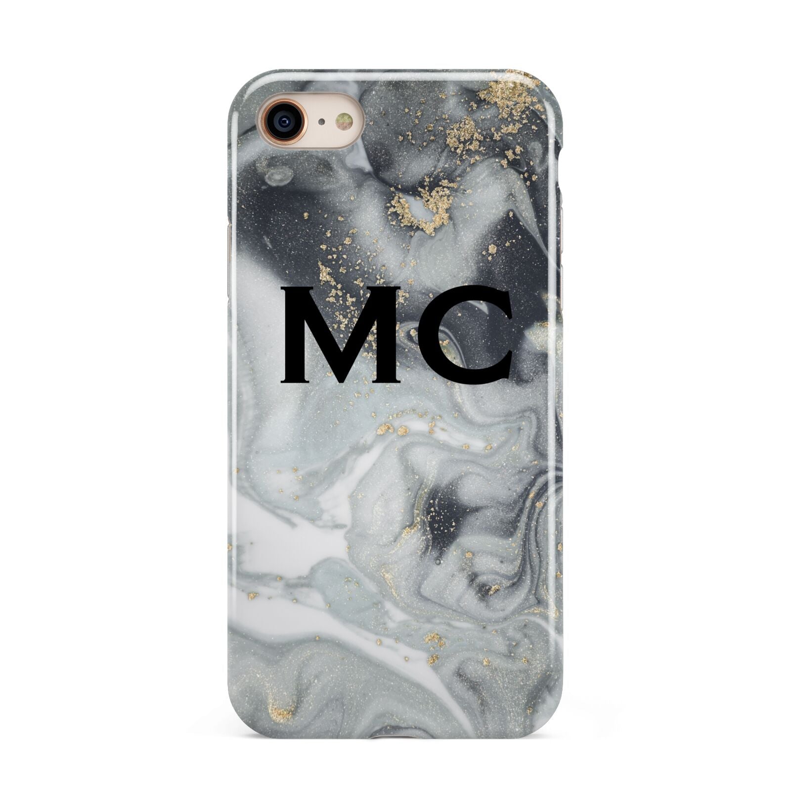 Monogram Black White Swirl Marble iPhone 8 3D Tough Case on Gold Phone