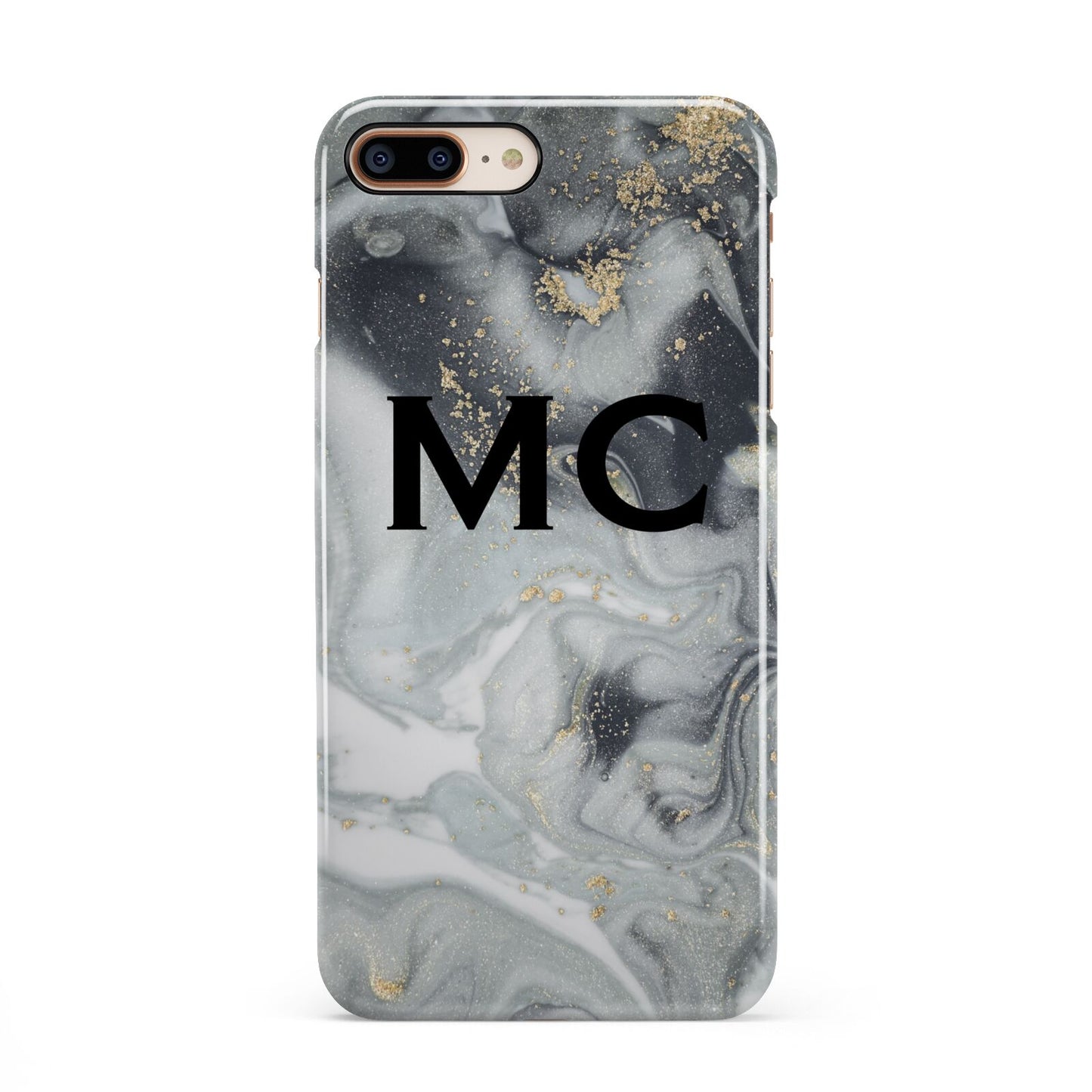 Monogram Black White Swirl Marble iPhone 8 Plus 3D Snap Case on Gold Phone