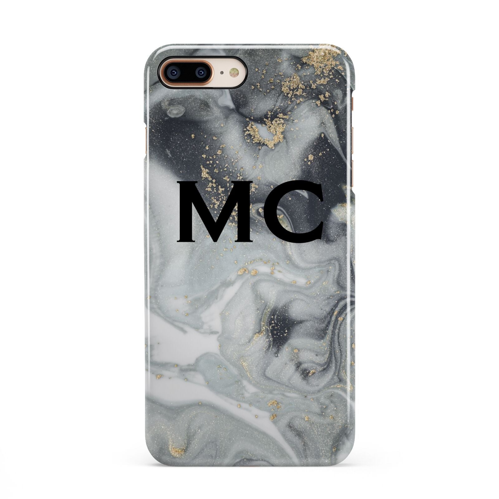 Monogram Black White Swirl Marble iPhone 8 Plus 3D Snap Case on Gold Phone