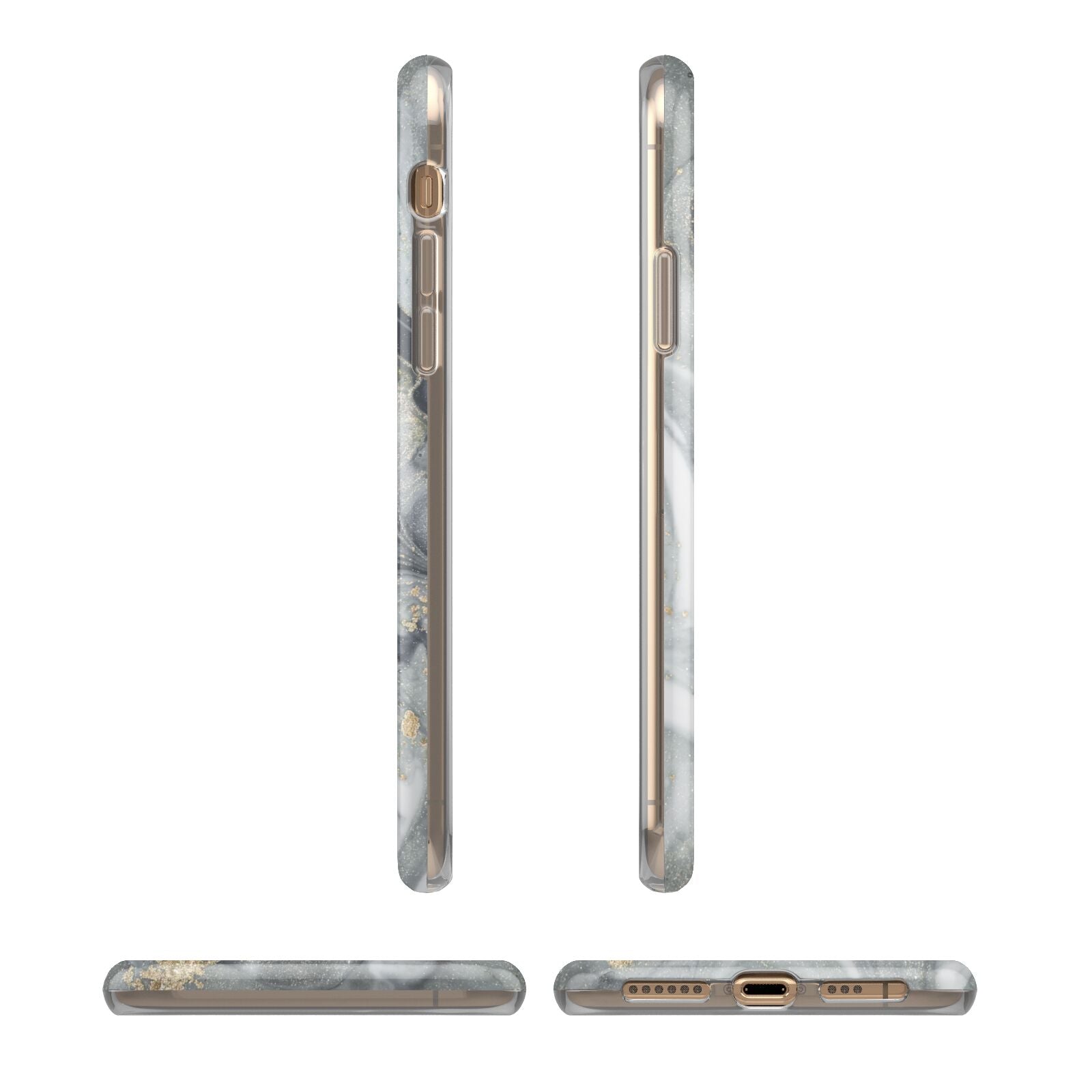 Monogram Black White Swirl Marble iPhone XS 3D Tough Case in Gold Angled Images