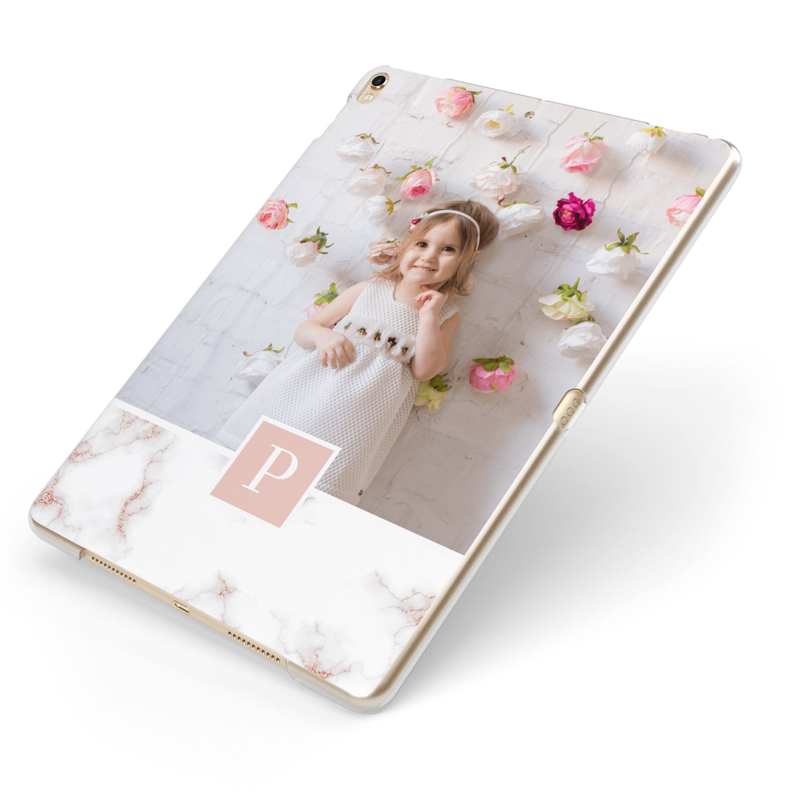 Monogram Marble Photo Upload Apple iPad Case on Gold iPad Side View