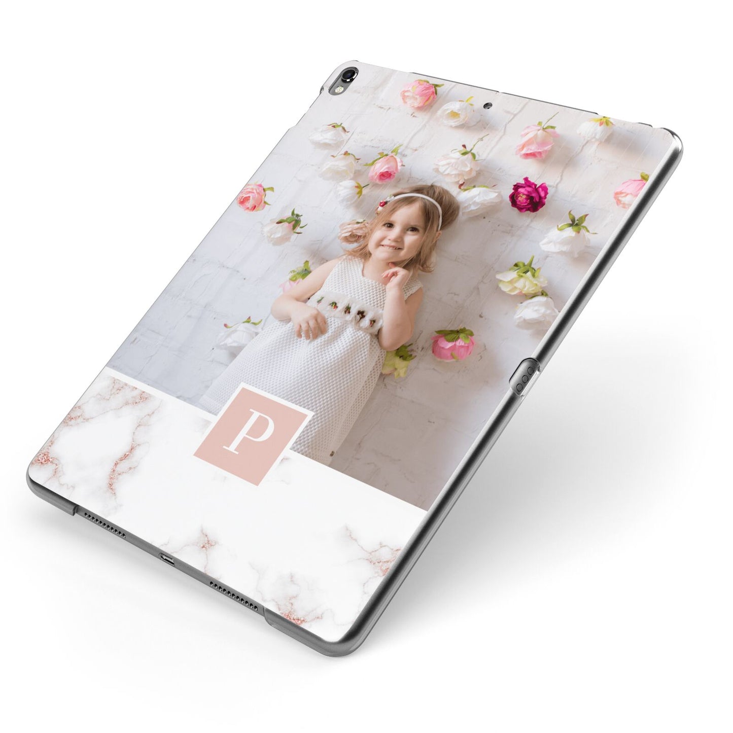 Monogram Marble Photo Upload Apple iPad Case on Grey iPad Side View