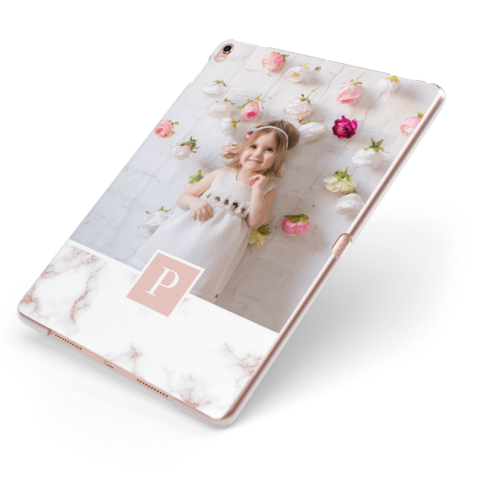 Monogram Marble Photo Upload Apple iPad Case on Rose Gold iPad Side View