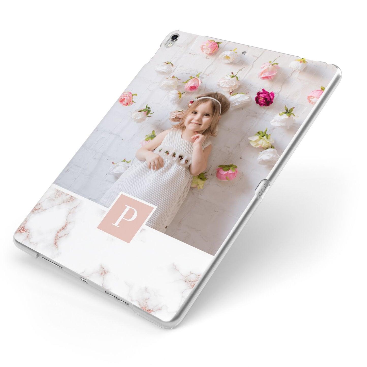 Monogram Marble Photo Upload Apple iPad Case on Silver iPad Side View