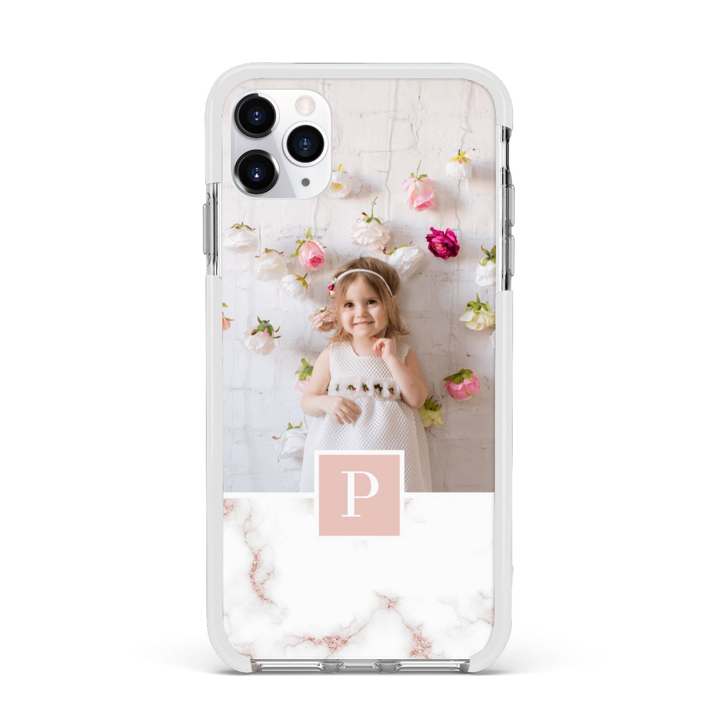 Monogram Marble Photo Upload Apple iPhone 11 Pro Max in Silver with White Impact Case