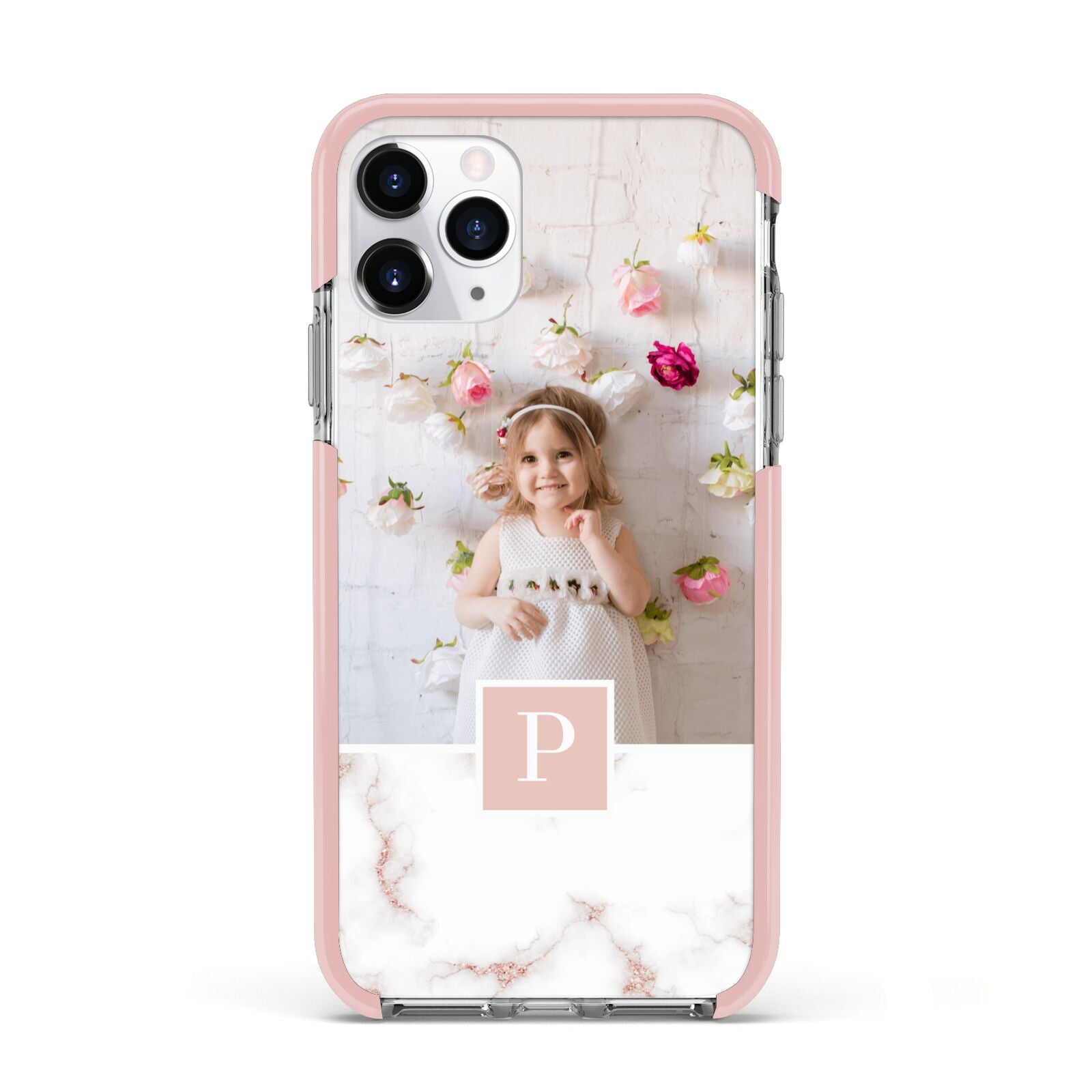 Monogram Marble Photo Upload Apple iPhone 11 Pro in Silver with Pink Impact Case
