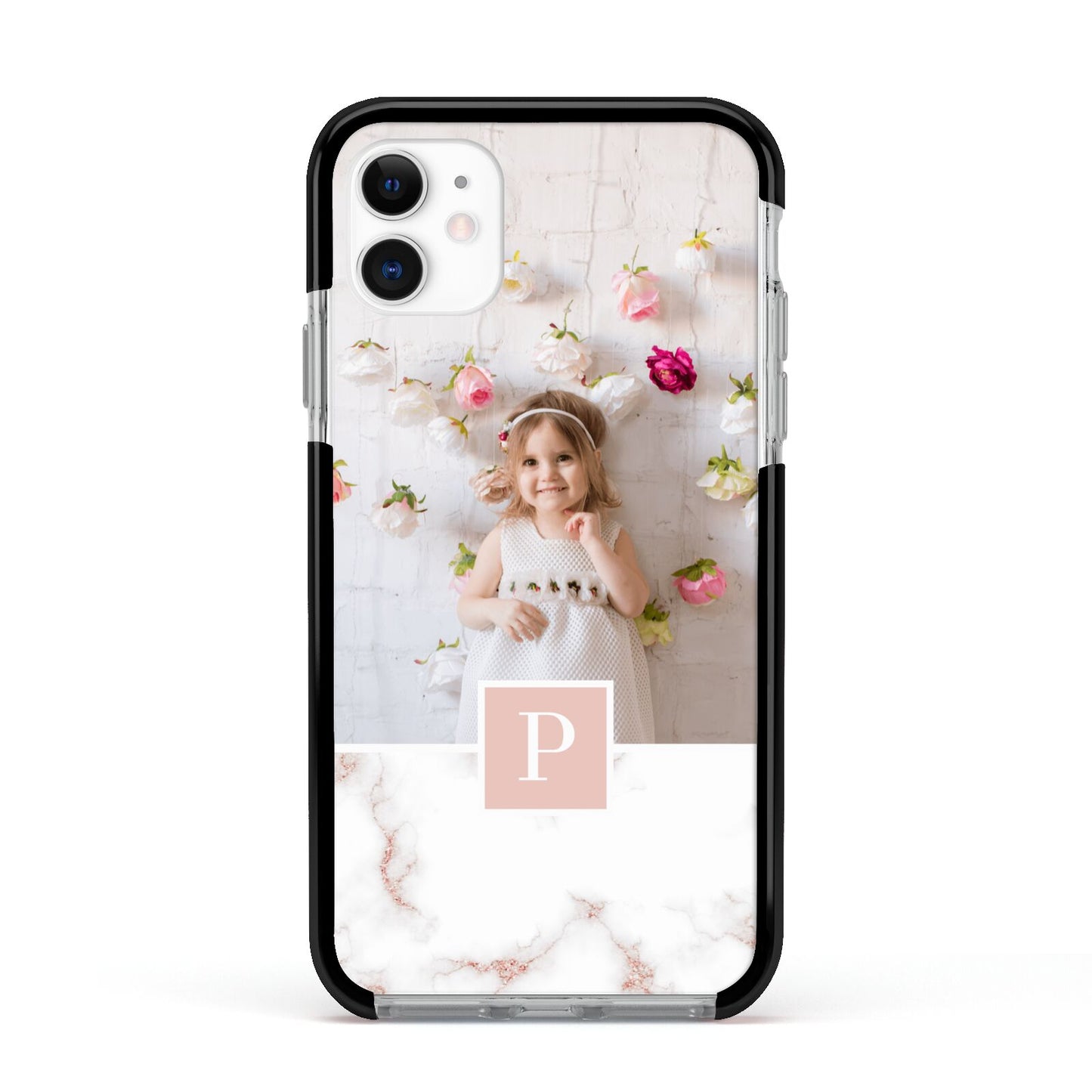 Monogram Marble Photo Upload Apple iPhone 11 in White with Black Impact Case