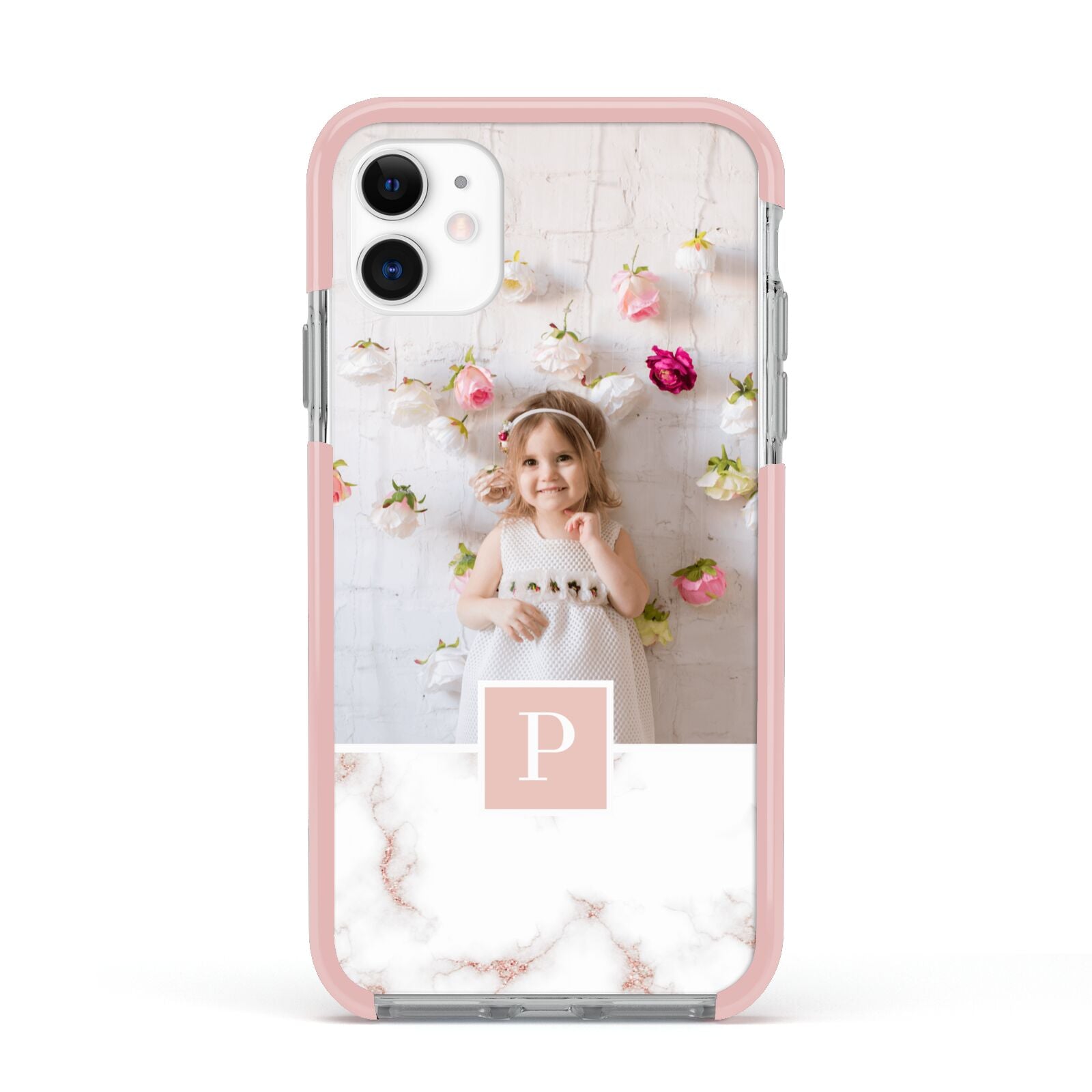 Monogram Marble Photo Upload Apple iPhone 11 in White with Pink Impact Case