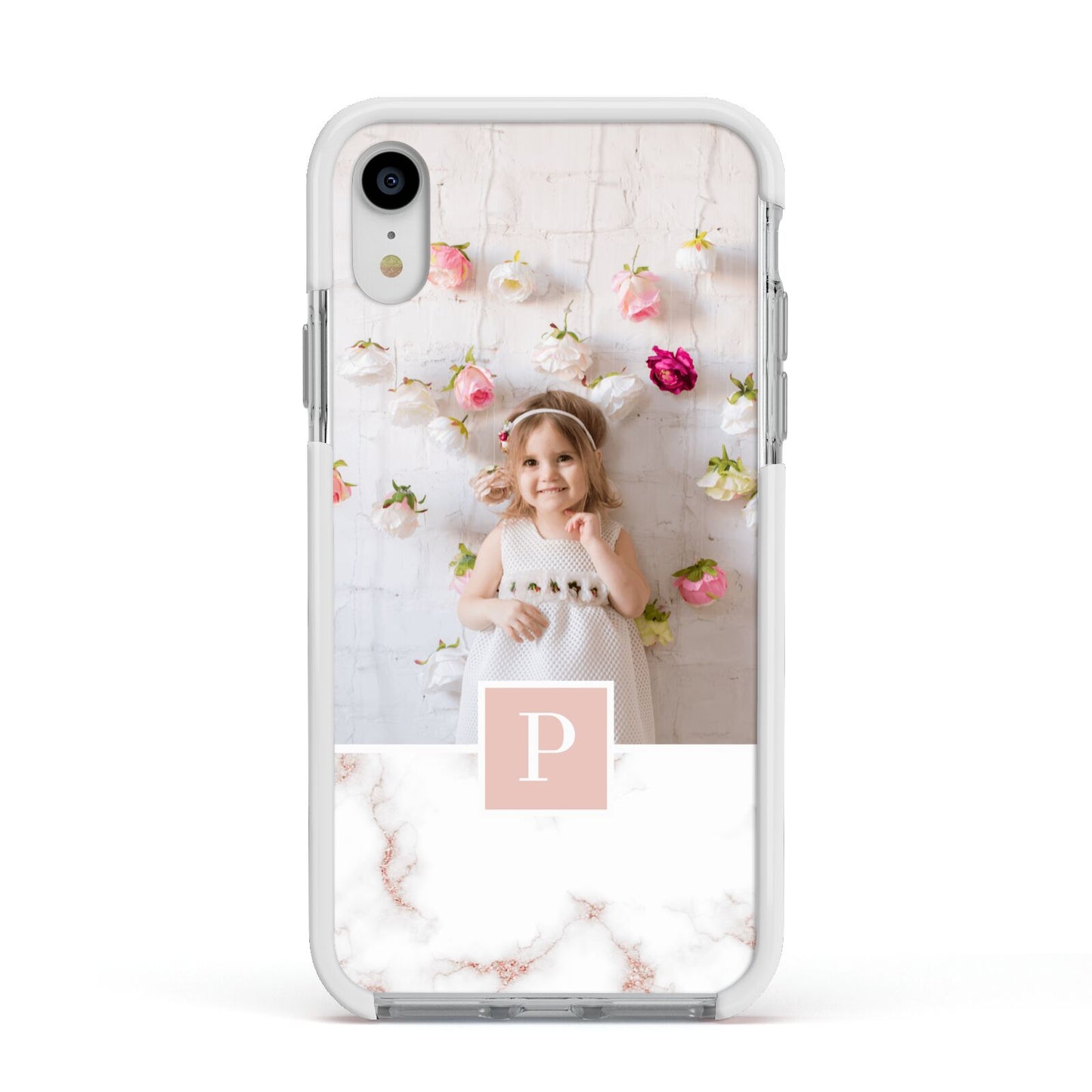 Monogram Marble Photo Upload Apple iPhone XR Impact Case White Edge on Silver Phone