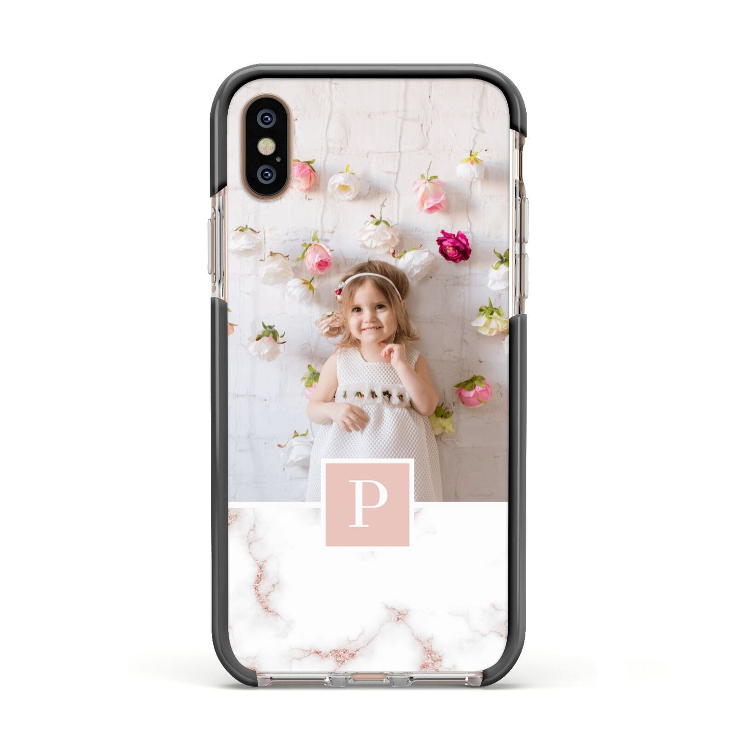 Monogram Marble Photo Upload Apple iPhone Xs Impact Case Black Edge on Gold Phone