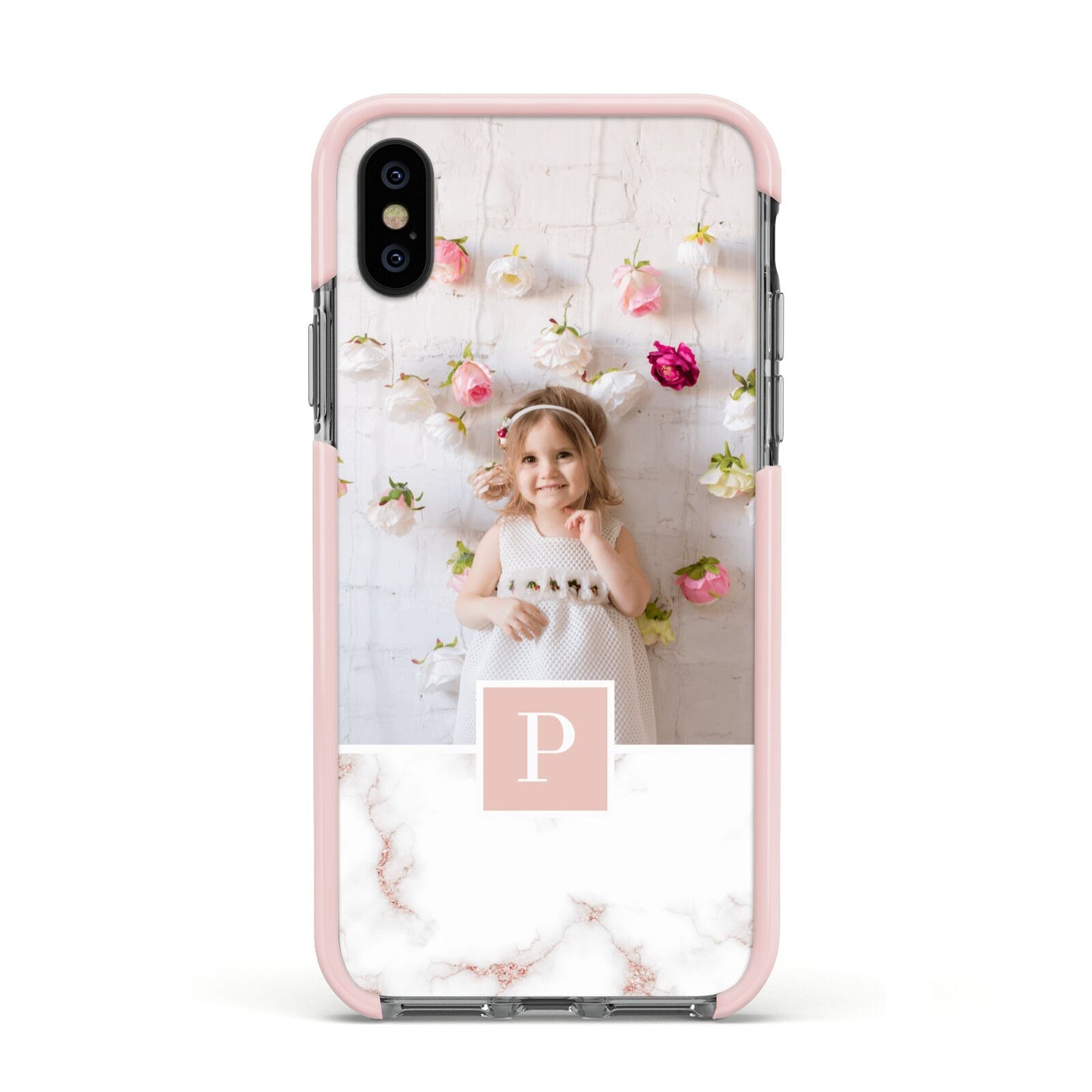 Monogram Marble Photo Upload Apple iPhone Xs Impact Case Pink Edge on Black Phone