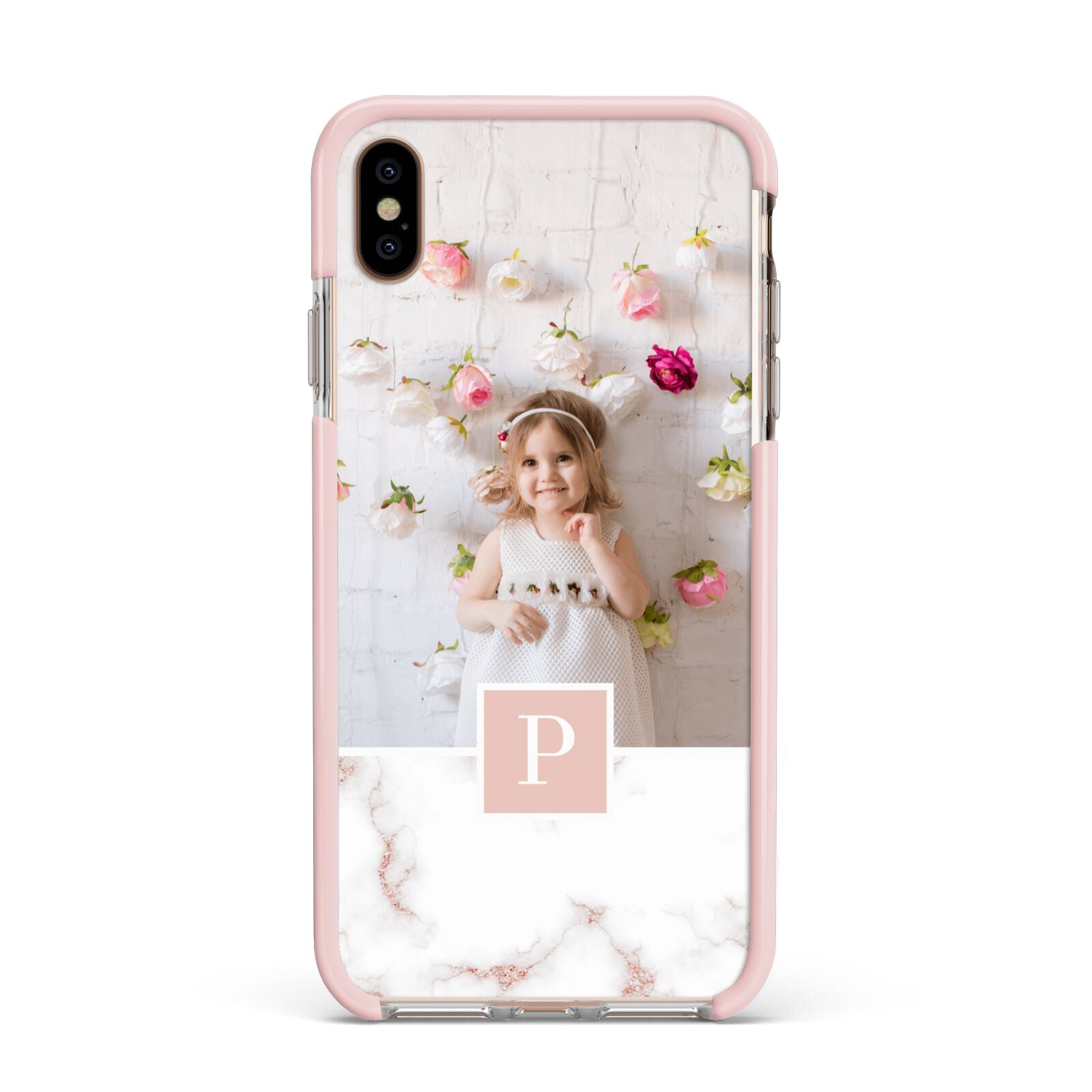 Monogram Marble Photo Upload Apple iPhone Xs Max Impact Case Pink Edge on Gold Phone