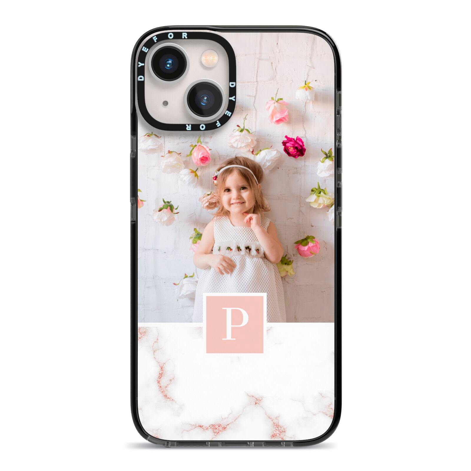 Monogram Marble Photo Upload iPhone 13 Black Impact Case on Silver phone