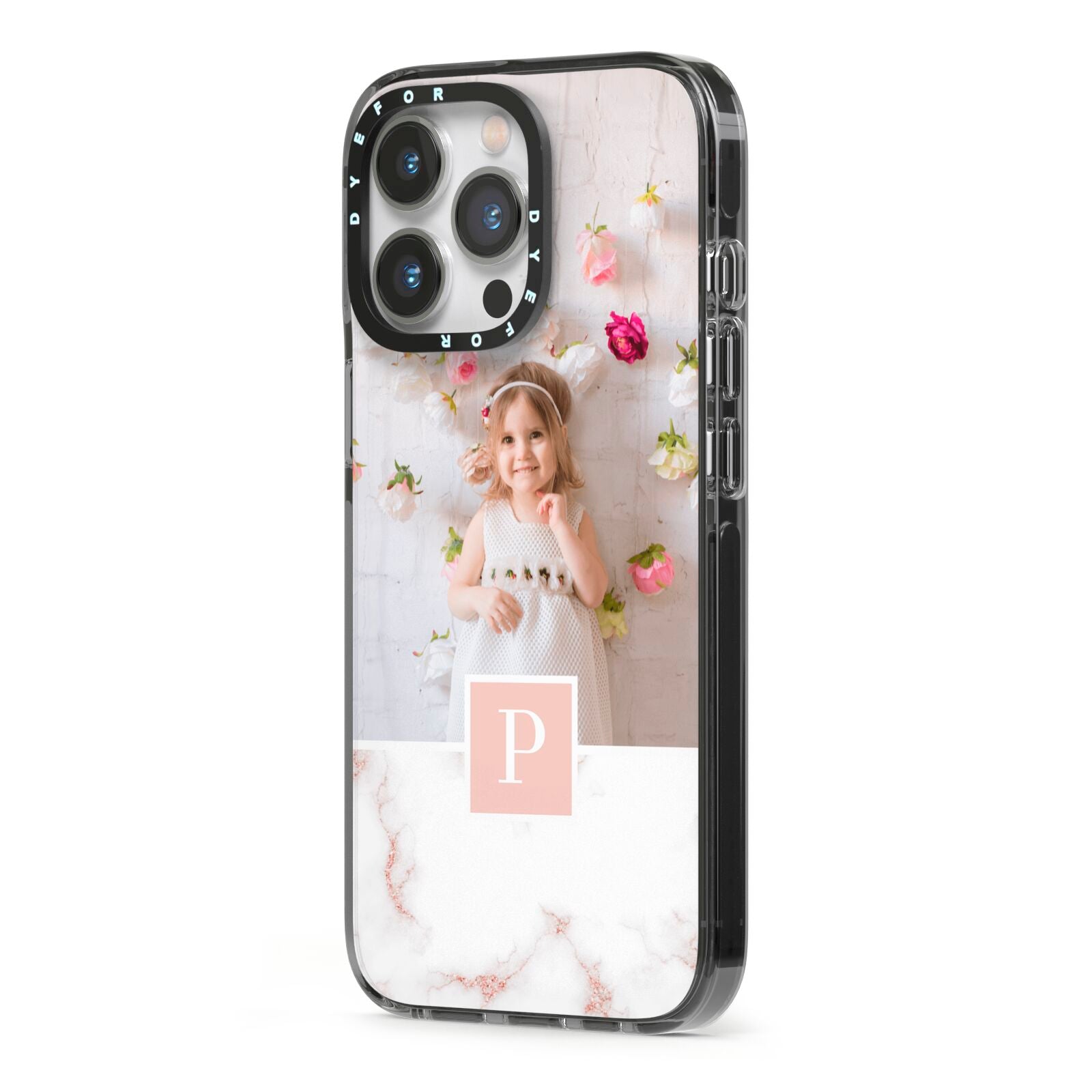 Monogram Marble Photo Upload iPhone 13 Pro Black Impact Case Side Angle on Silver phone