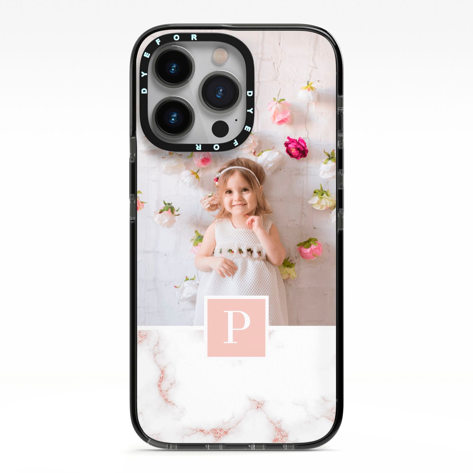 Monogram Marble Photo Upload iPhone 13 Pro Black Impact Case on Silver phone